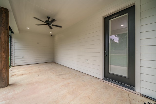 exterior space featuring ceiling fan and a patio