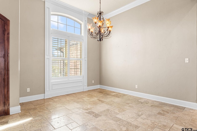 empty room with a chandelier, plenty of natural light, crown molding, and stone tile flooring