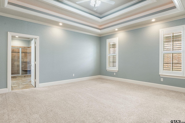 unfurnished room with a raised ceiling, carpet flooring, a ceiling fan, and ornamental molding