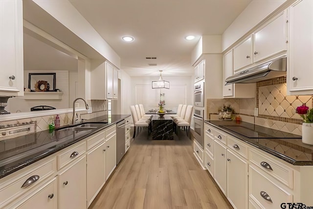 kitchen with white cabinets, black electric cooktop, stainless steel dishwasher, and sink