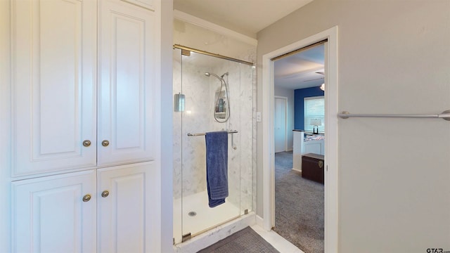 bathroom featuring a shower with shower door