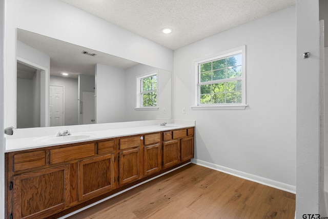 bathroom featuring baseboards, wood finished floors, visible vents, and a sink