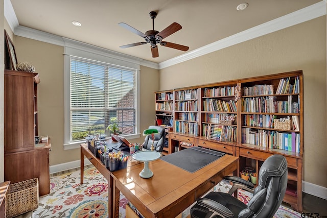 office with hardwood / wood-style floors, ceiling fan, and crown molding