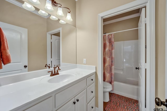 full bathroom featuring toilet, shower / tub combo, vanity, and ornamental molding