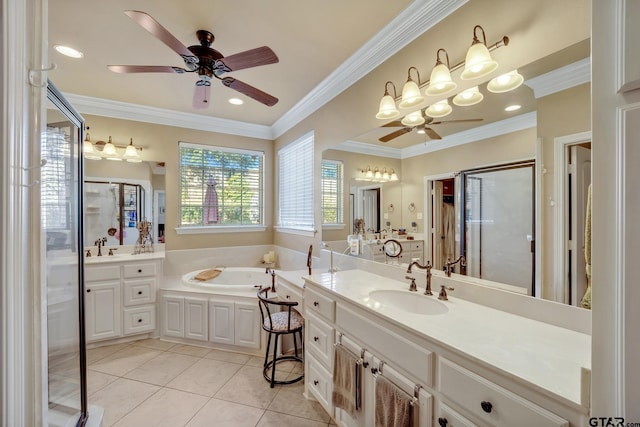 bathroom with independent shower and bath, vanity, tile patterned flooring, and ornamental molding