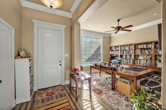 office featuring ceiling fan, dark hardwood / wood-style floors, and crown molding