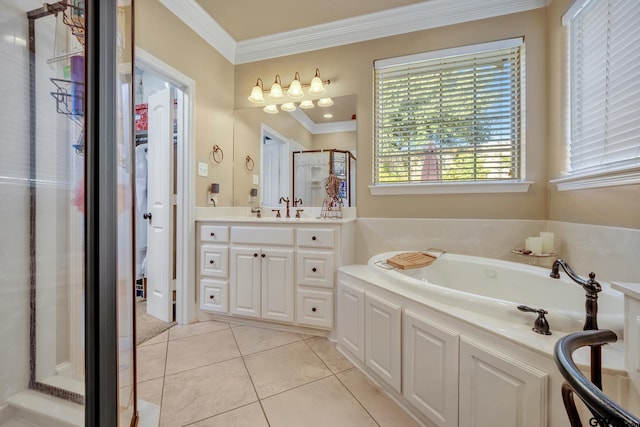 bathroom featuring ornamental molding, tile patterned flooring, shower with separate bathtub, and vanity