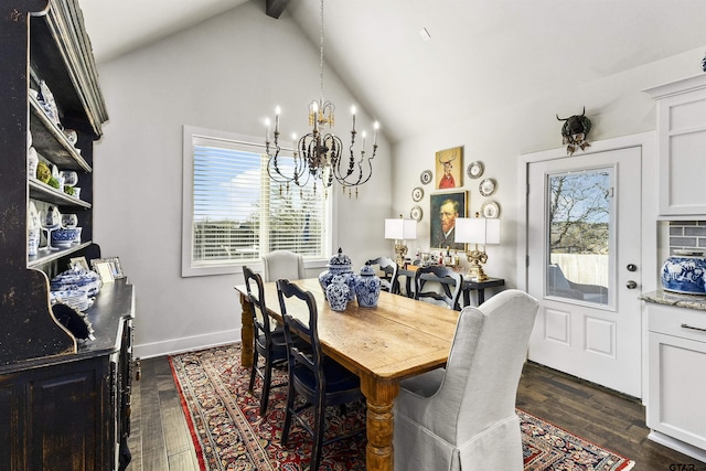 dining area with vaulted ceiling with beams, dark hardwood / wood-style floors, and a chandelier