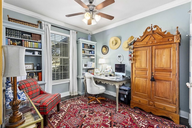 office space with ceiling fan, crown molding, and wood-type flooring