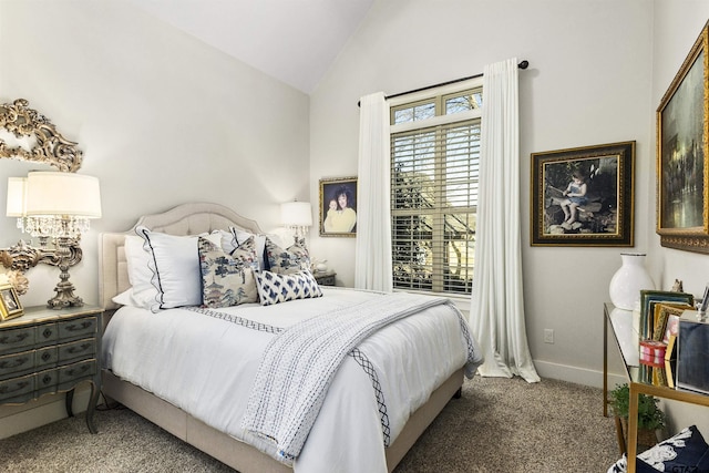 bedroom featuring carpet floors and lofted ceiling