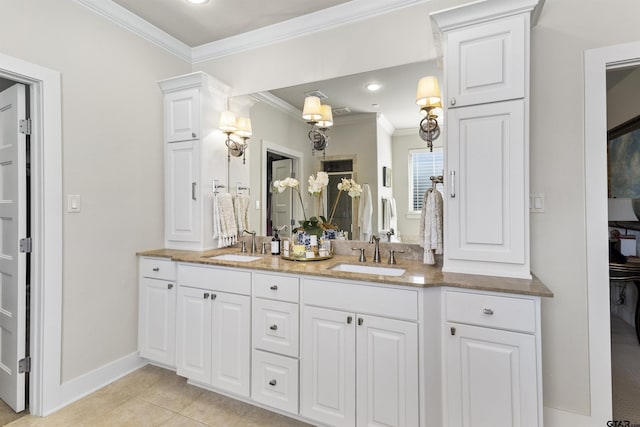 bathroom featuring vanity, ornamental molding, and tile patterned flooring