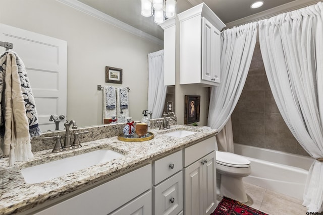 full bathroom featuring tile patterned floors, vanity, shower / bath combination with curtain, toilet, and ornamental molding