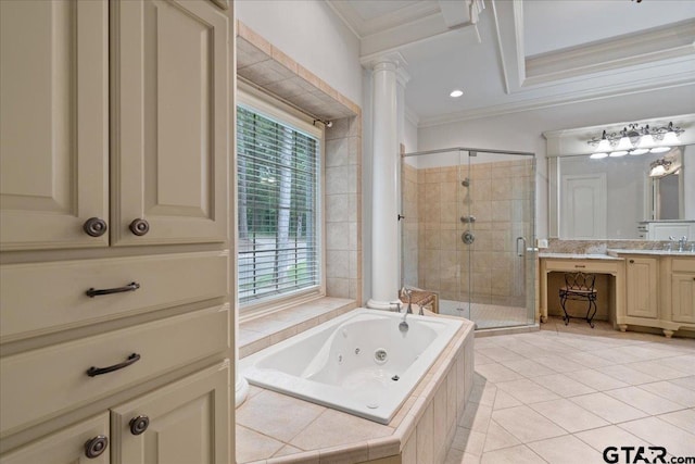 bathroom featuring ornamental molding, vanity, decorative columns, tile patterned floors, and separate shower and tub