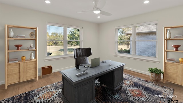 1036 High Meadow Dr, Mount Vernon, TX 75457 - home office featuring a ceiling fan, wood finished floors, baseboards, and recessed lighting