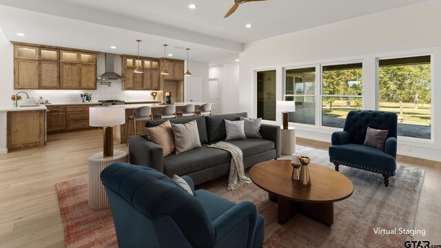 1036 High Meadow Dr, Mount Vernon, TX 75457 - living area with light wood-type flooring, a ceiling fan, and recessed lighting