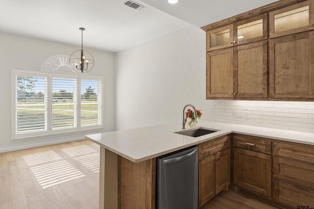 1036 High Meadow Dr, Mount Vernon, TX 75457 - kitchen featuring dishwasher, a sink, a peninsula, decorative backsplash, and light countertops