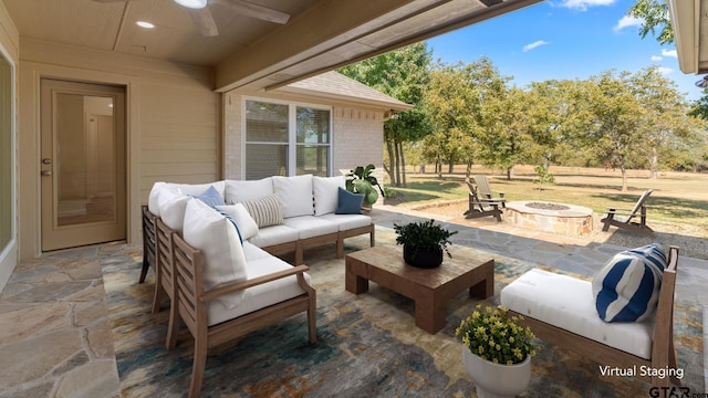 1036 High Meadow Dr, Mount Vernon, TX 75457 - view of patio with a ceiling fan and an outdoor living space with a fire pit