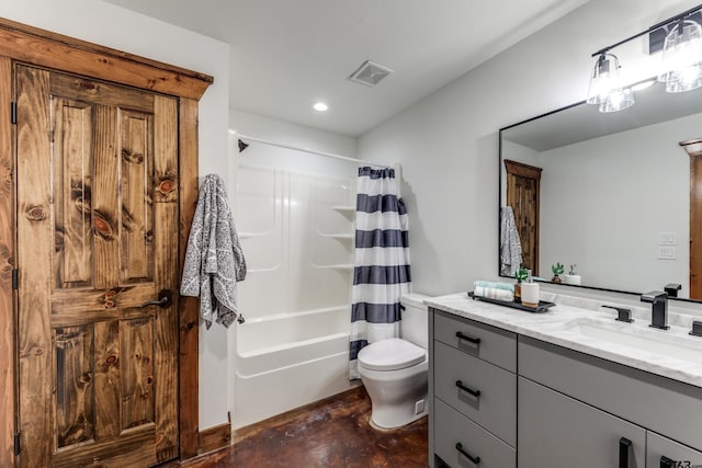 full bathroom featuring vanity, visible vents, concrete floors, toilet, and shower / tub combo with curtain