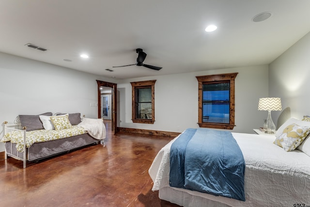 bedroom with visible vents, recessed lighting, finished concrete flooring, and a ceiling fan