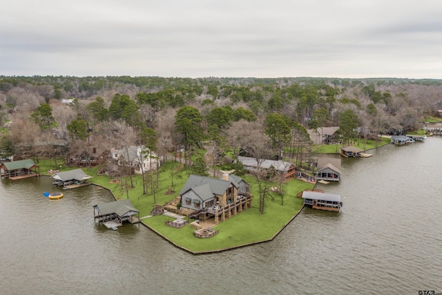 drone / aerial view with a water view and a wooded view