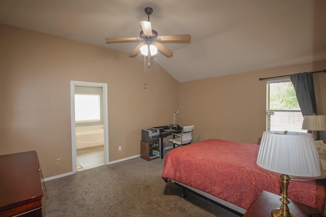 bedroom featuring connected bathroom, ceiling fan, carpet, baseboards, and vaulted ceiling
