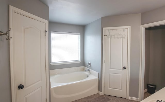 bathroom featuring wood finished floors and a garden tub