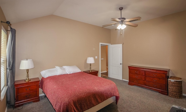 bedroom with carpet floors, ceiling fan, and lofted ceiling