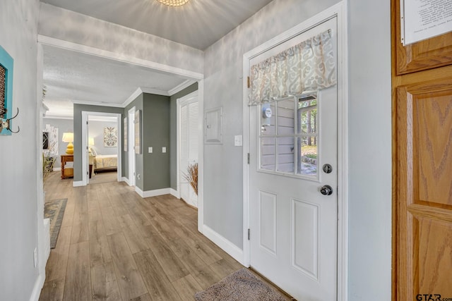 entryway with crown molding and light wood-type flooring