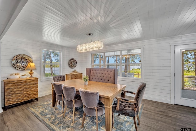 dining room with plenty of natural light, dark hardwood / wood-style floors, a notable chandelier, and wood ceiling