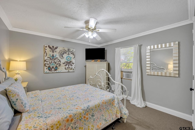 bedroom with ornamental molding, carpet, cooling unit, and a textured ceiling