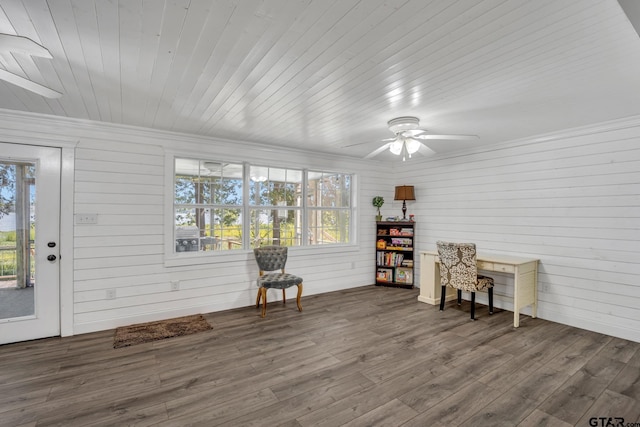 interior space with wooden ceiling and ceiling fan