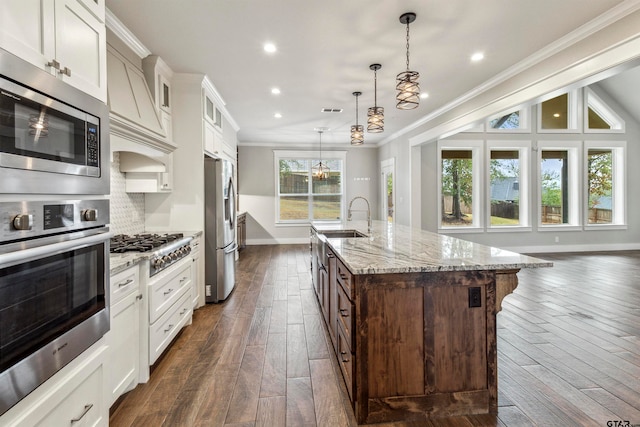 kitchen featuring stainless steel appliances, a healthy amount of sunlight, a center island with sink, and sink