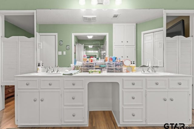 bathroom featuring hardwood / wood-style flooring and vanity