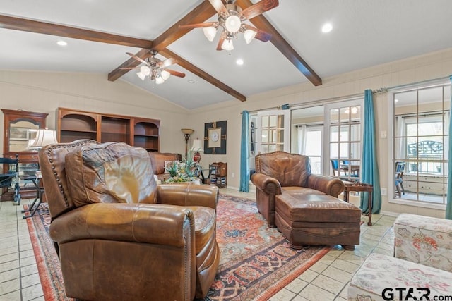 tiled living room with french doors, ceiling fan, and lofted ceiling with beams