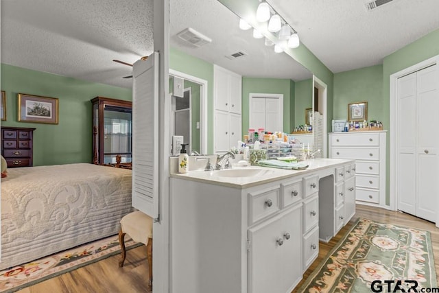 bathroom featuring hardwood / wood-style floors, vanity, and a textured ceiling