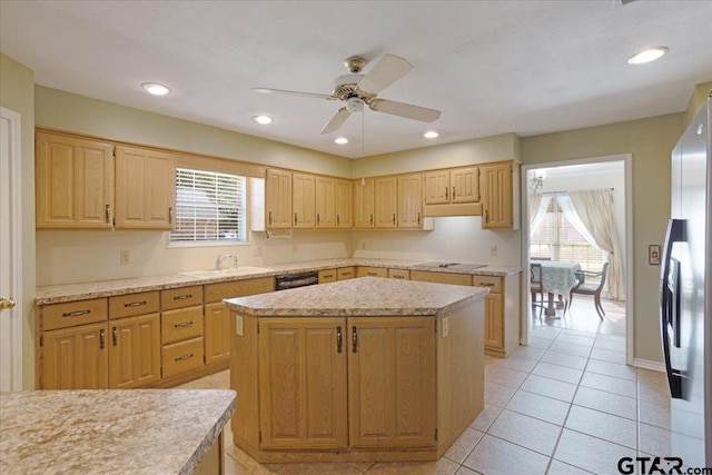 kitchen with ceiling fan, a center island, black dishwasher, stainless steel refrigerator with ice dispenser, and light tile patterned flooring