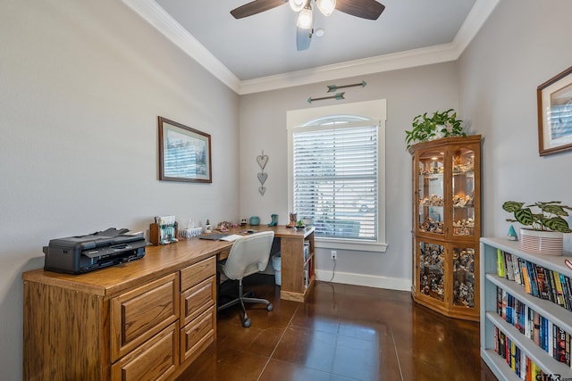 office area featuring ornamental molding and ceiling fan