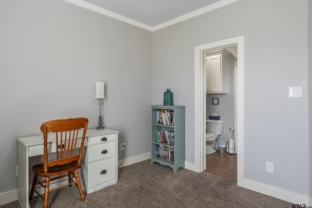 office space featuring ornamental molding and dark colored carpet