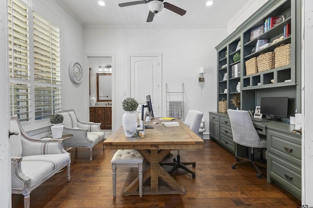 office area featuring dark hardwood / wood-style floors, plenty of natural light, crown molding, and ceiling fan