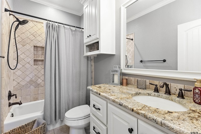 full bathroom featuring tile patterned floors, vanity, shower / tub combo with curtain, crown molding, and toilet