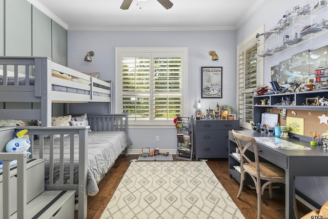 bedroom featuring ceiling fan, dark hardwood / wood-style floors, and ornamental molding