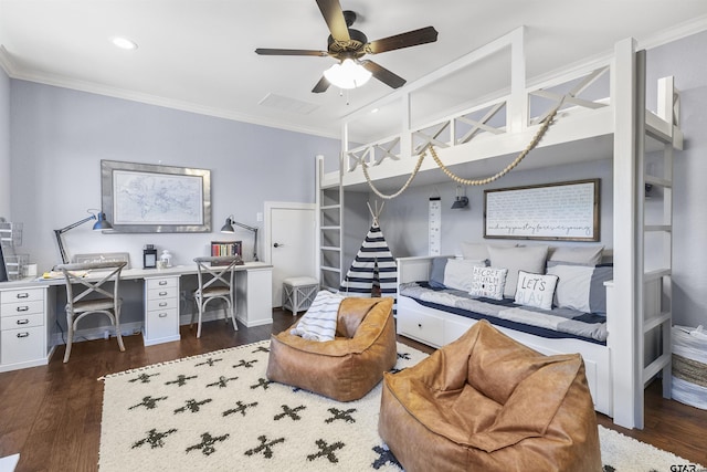 bedroom featuring crown molding, ceiling fan, and dark wood-type flooring