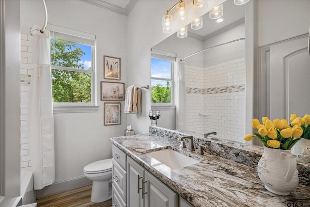 185 Vz County Road 2103, Canton, TX 75103 - full bathroom with ornamental molding, vanity, wood finished floors, and shower / bath combo with shower curtain