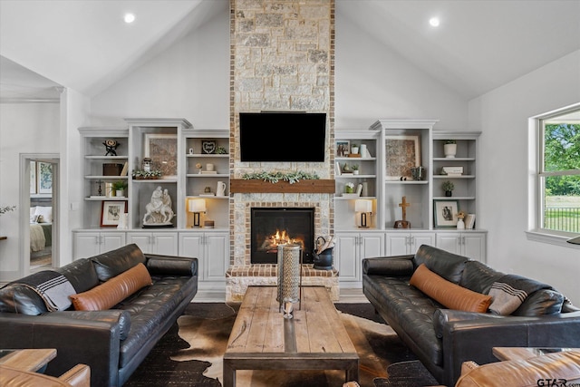 185 Vz County Road 2103, Canton, TX 75103 - living room with a fireplace, high vaulted ceiling, recessed lighting, and wood finished floors