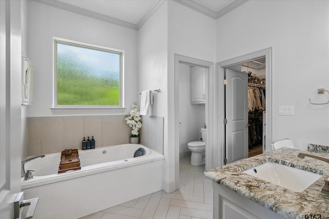185 Vz County Road 2103, Canton, TX 75103 - full bathroom featuring a garden tub, vanity, a walk in closet, ornamental molding, and tile patterned flooring