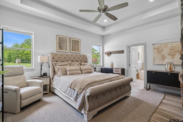 185 Vz County Road 2103, Canton, TX 75103 - bedroom featuring crown molding, a tray ceiling, recessed lighting, a ceiling fan, and ensuite bathroom