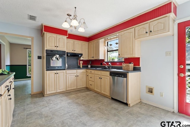 1656 Pineview Ln, Hideaway, TX 75771 - kitchen with oven, stainless steel dishwasher, light brown cabinetry, dark countertops, and a chandelier