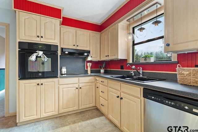 1656 Pineview Ln, Hideaway, TX 75771 - kitchen with black appliances, light brown cabinetry, under cabinet range hood, dark countertops, and tasteful backsplash