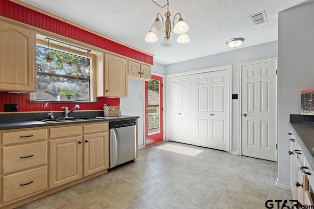 1656 Pineview Ln, Hideaway, TX 75771 - kitchen with dishwasher, light brown cabinets, dark countertops, a chandelier, and healthy amount of natural light