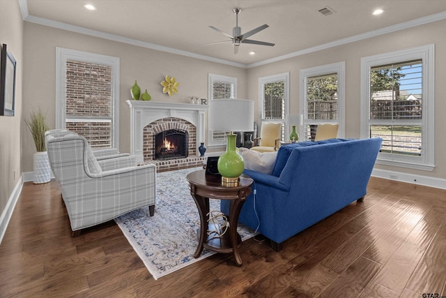 living room with dark hardwood / wood-style floors, ceiling fan, crown molding, and a wealth of natural light